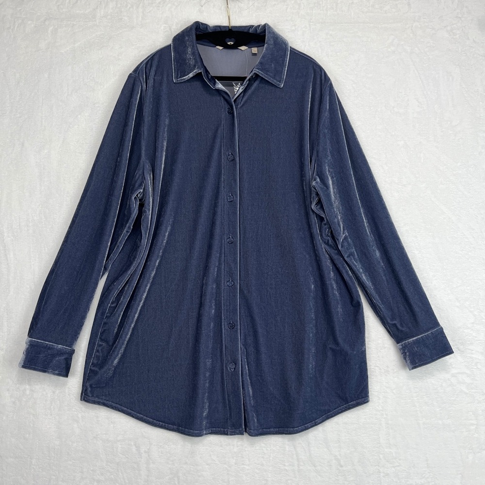 Soft Surroundings Velvet Boyfriend Tunic Shirt Womens NWOT L Blue Button Up